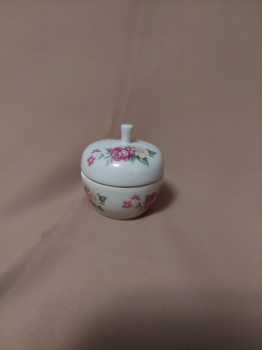 White Porcelain Floral Lidded Trinket Dish - Pink Rose Accent